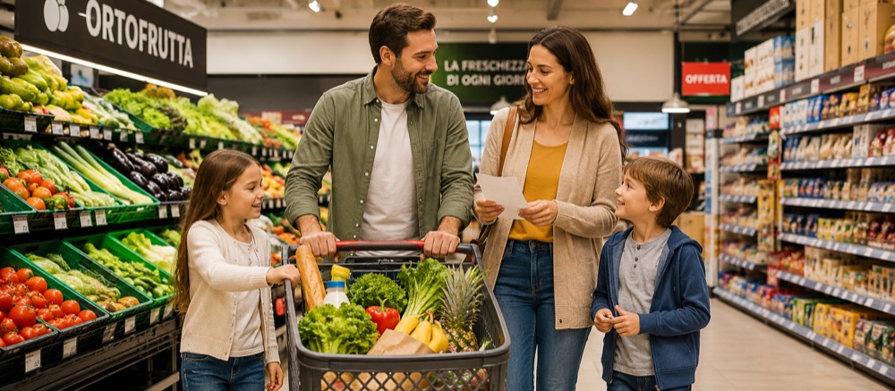 Famiglia felice che fa la spesa al supermercato usando Smart Buono